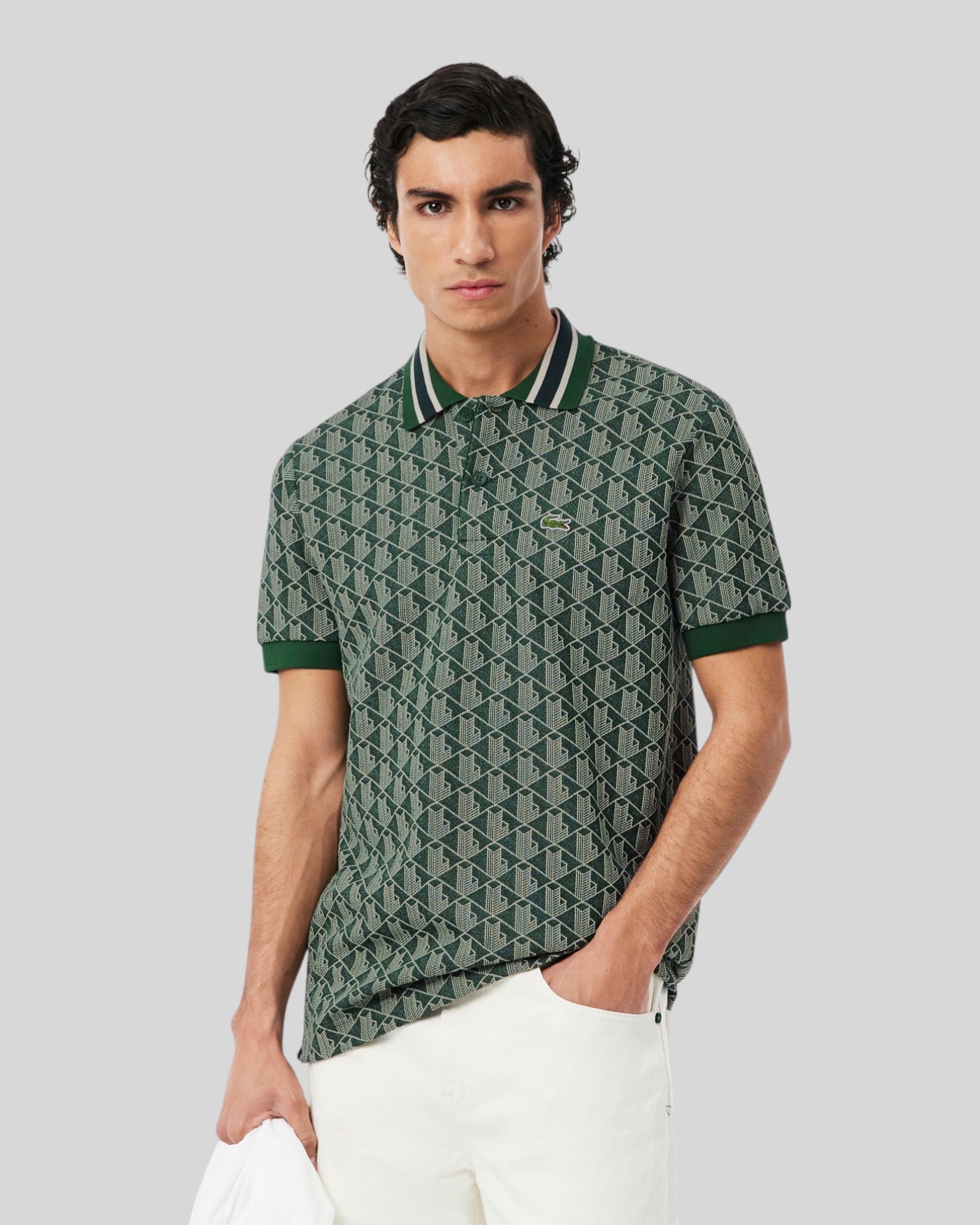 Polo In Jacquard Classic Fit Monogramma Verde D1417 00 D1R Lacoste