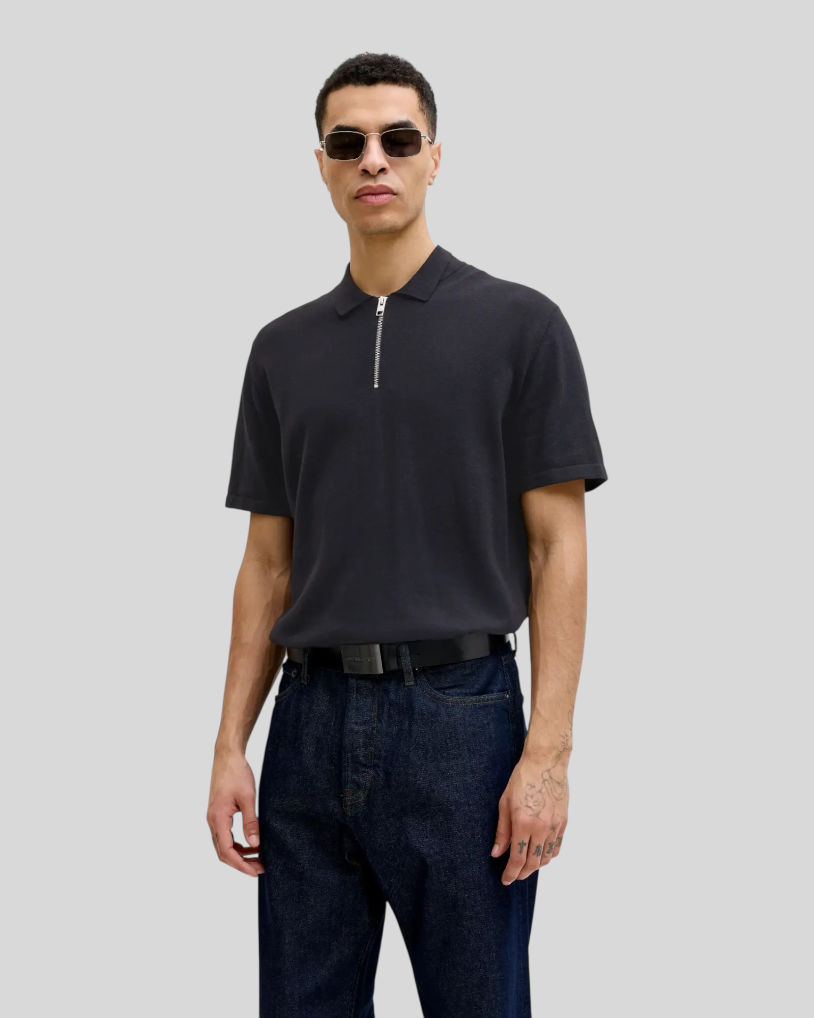 Polo In Maglia Con Zip Jjemil Knit Nera 12288260 Jack & Jones