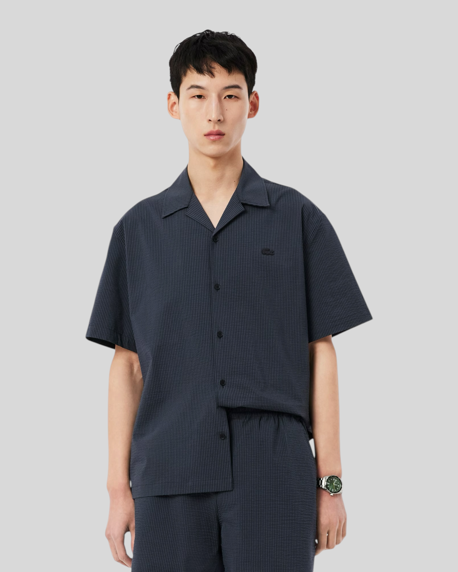 Camicia Maniche Corte Relaxed Fit in Seersucker Nero/Grigio CH2355-00-4CI Lacoste