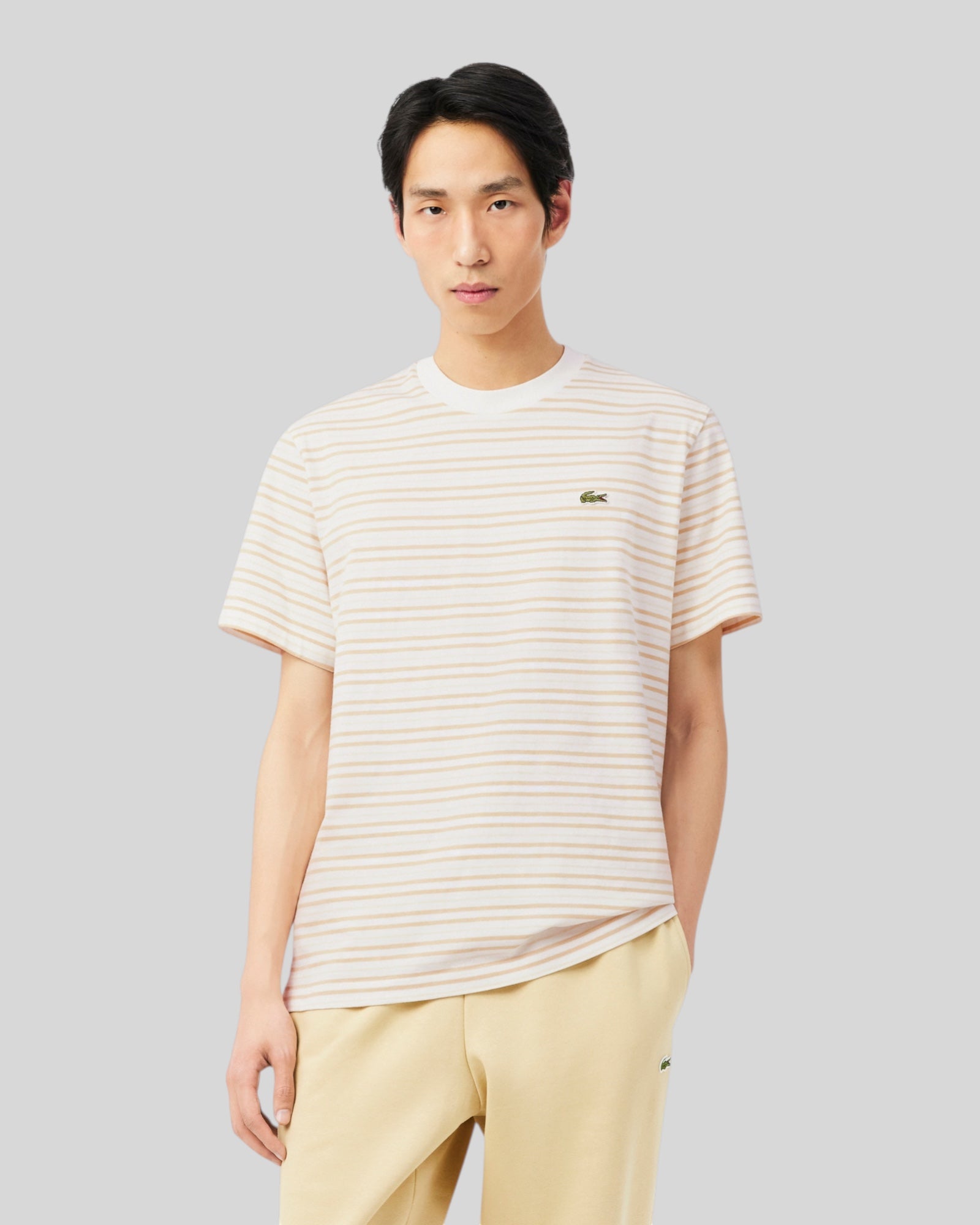 T-Shirt A Righe Beige e Bianco Classic Fit TH0874 00 1RR Lacoste