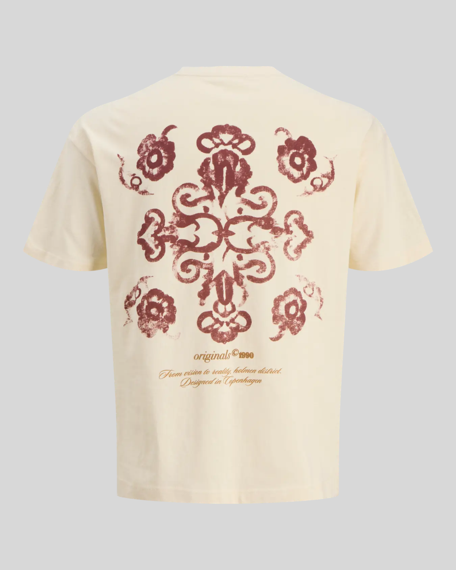 Brillantina Store T-Shirt Jormontauk Back Graphic Tee in antique white cotton with a burgundy ornate floral print on the back and text.