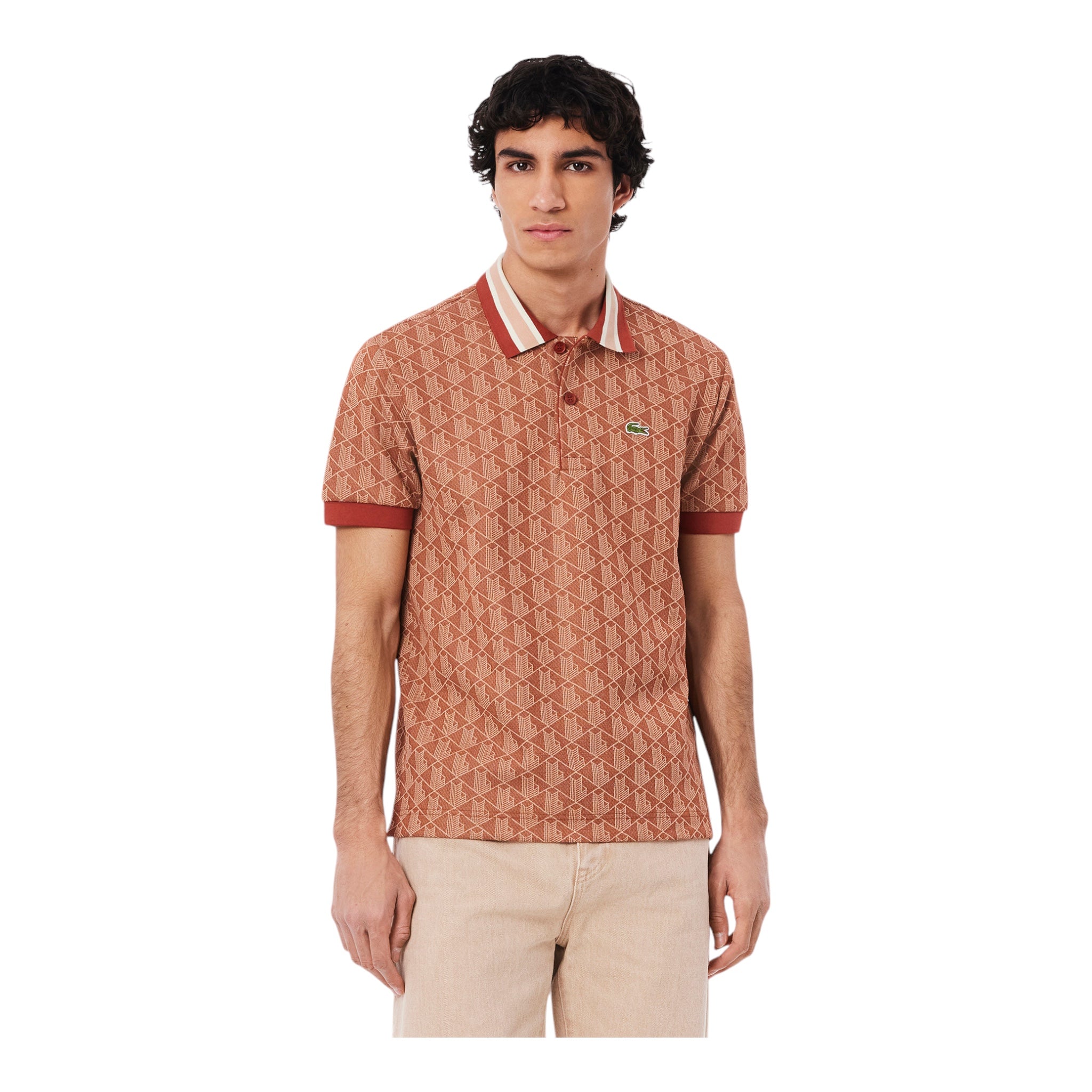 Polo Classic Fit In Jacquard Monogramma Marrone-Beige DH1417 00 GTI  Lacoste