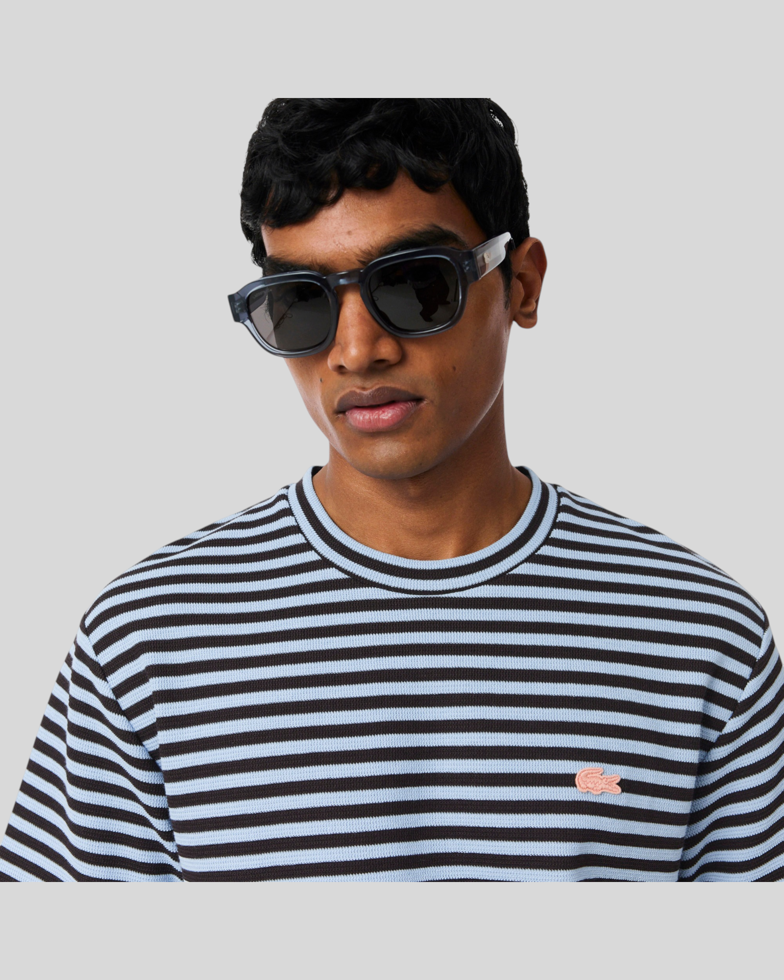 T-Shirt Classic Fit Testurizzata In Cotone a Righe Blu Chiaro e Marrone TH2193-00-4I3 Lacoste