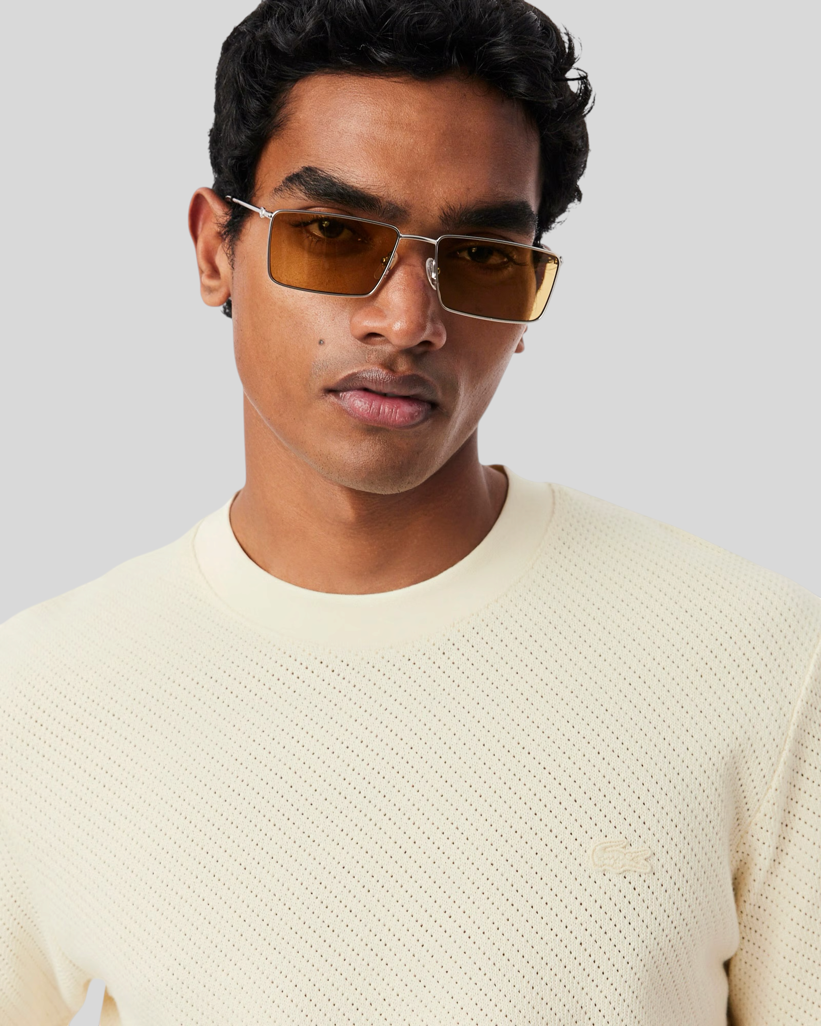 T-Shirt in Maglia Traforata Regular Fit Beige TH2665-00-056 Lacoste