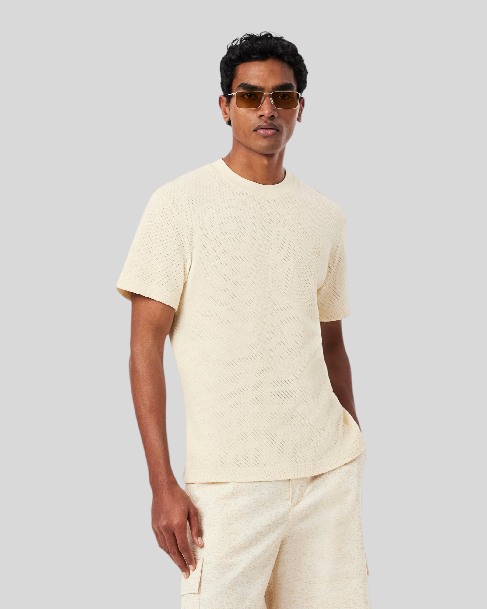 T-Shirt in Maglia Traforata Regular Fit Beige TH2665-00-056 Lacoste