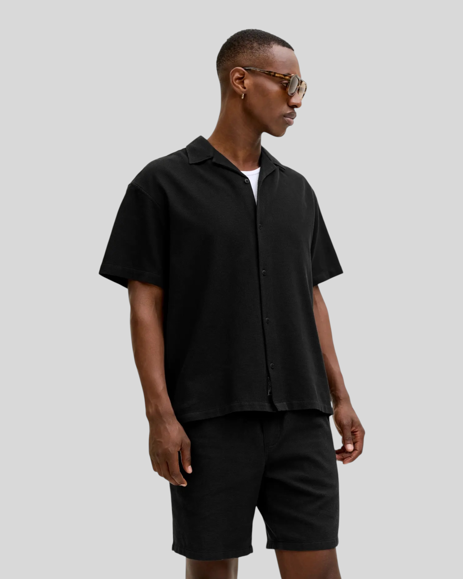 Camicia Maniche Corte JJglobal Waffle Resort Shirt Nero 12295551 Jack & Jones