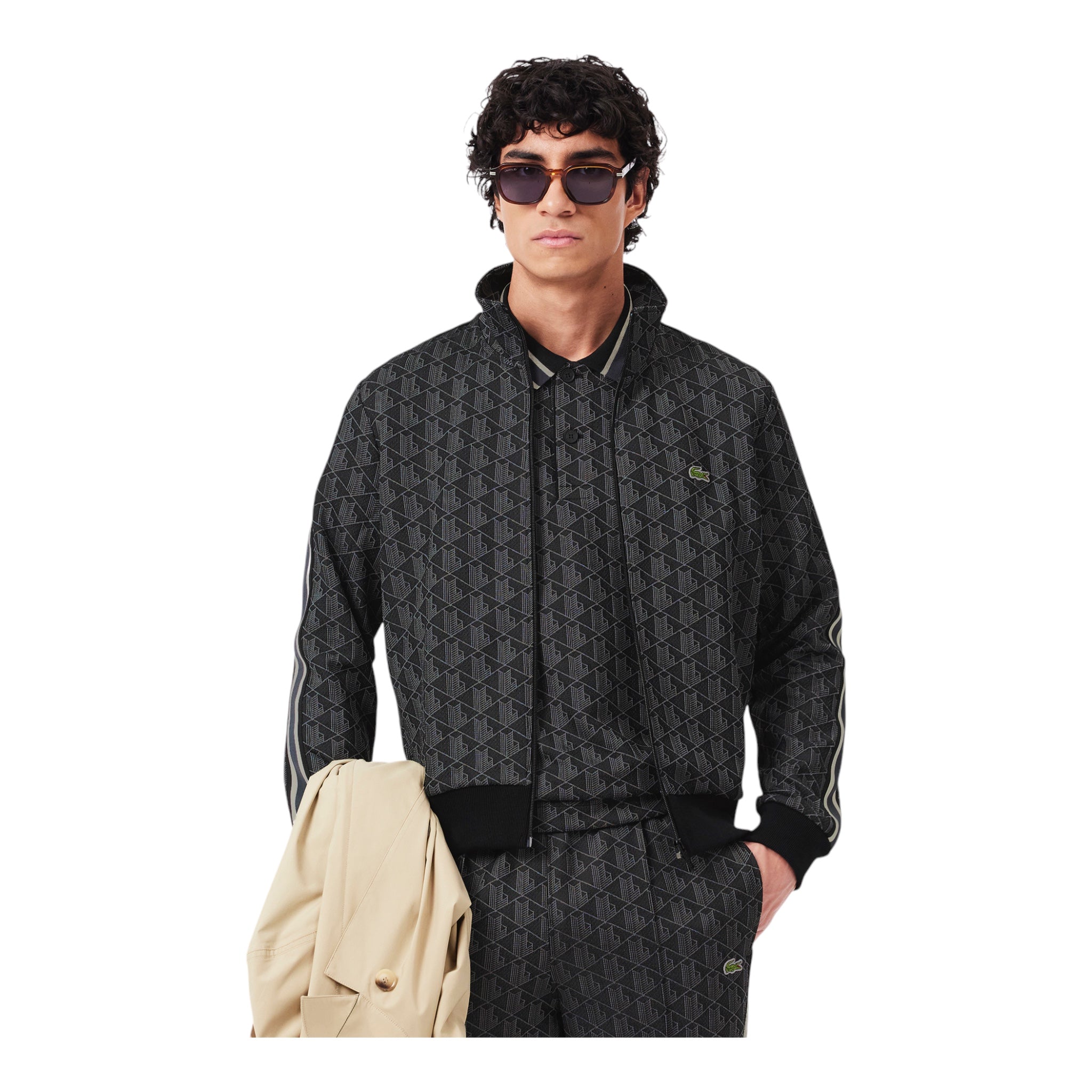 Felpa Full Zip In Jacquard Monogramma Nero-Grigio SH1368 00 4PC Lacoste