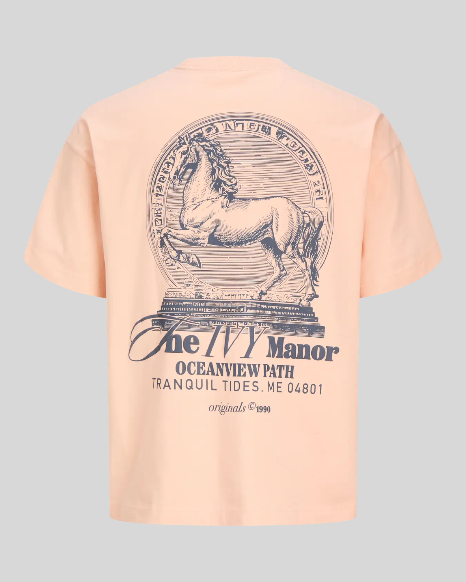 Brillantina Store peach melba 100% cotton t-shirt with crew neck, short sleeves and a large graphic print of a horse and text.