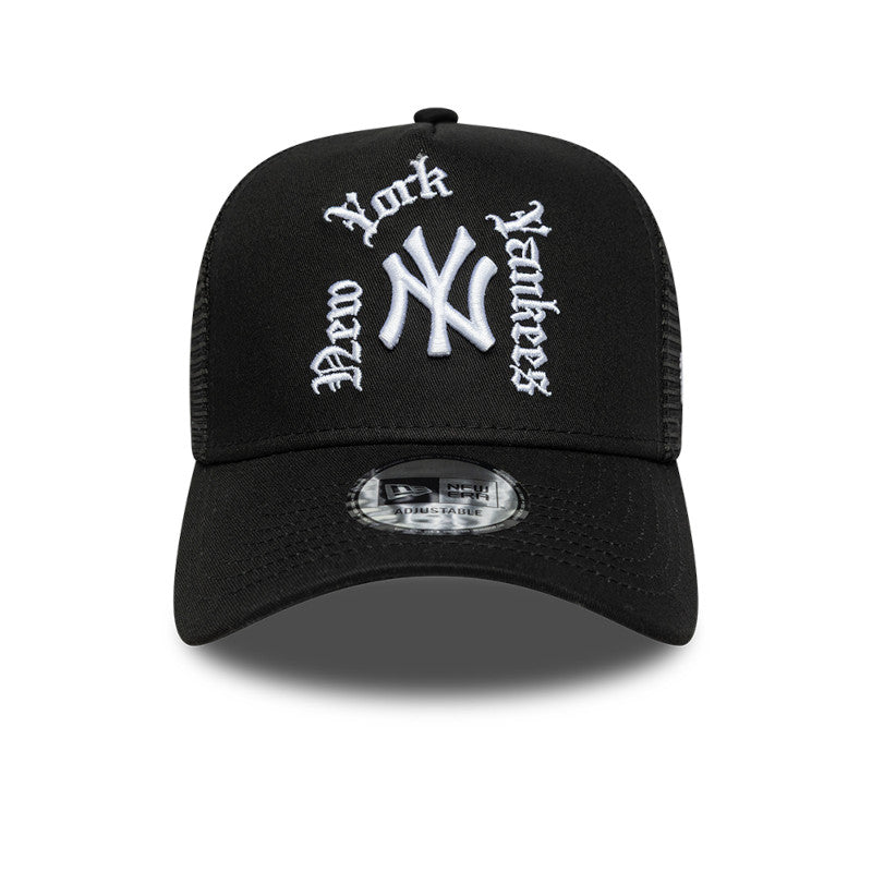 New Era 9FORTY A-Frame Trucker New York Yankees Wordmark nero vista frontale